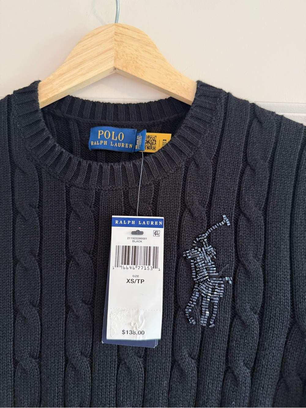 NWT Polo Ralph Lauren Sweater Black Cable Knit Beaded Big Pony Logo XS - Picture 2 of 4
